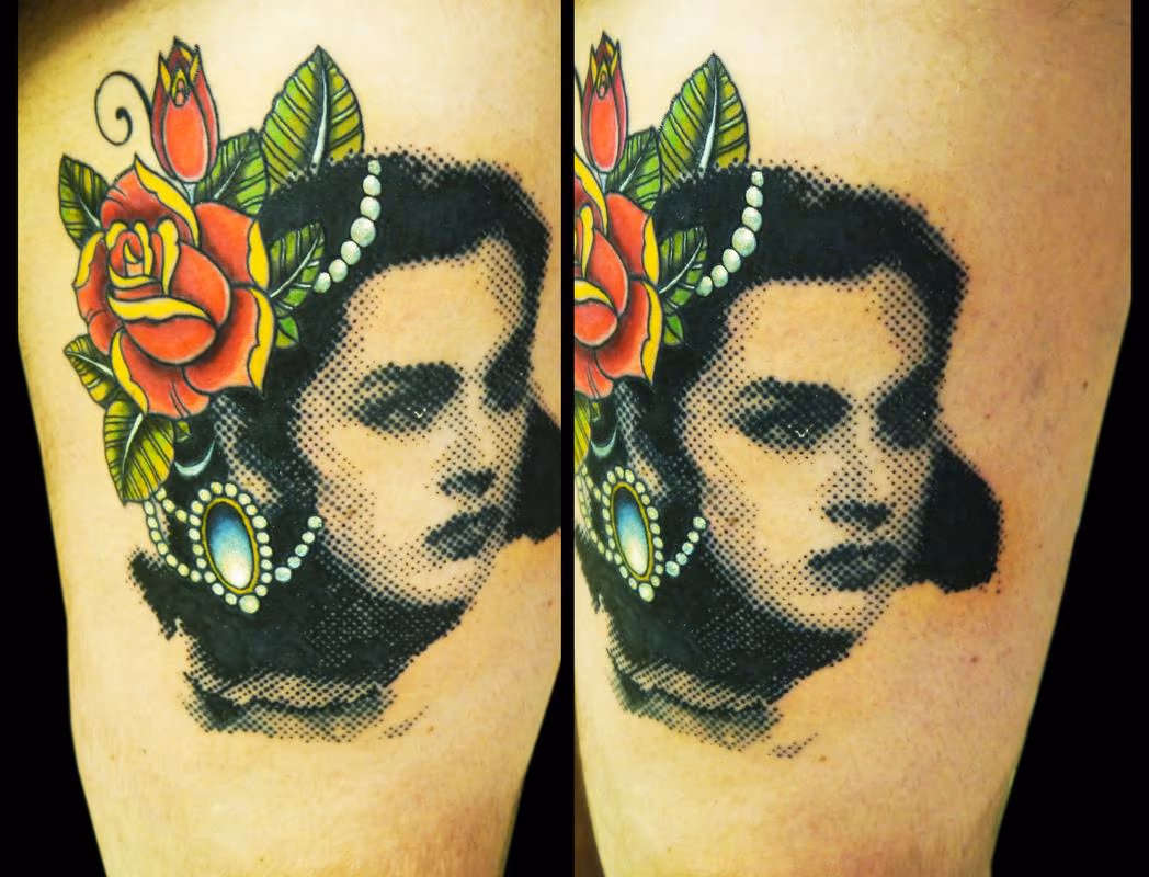 halftone portrait with old school rose , custom fusion style