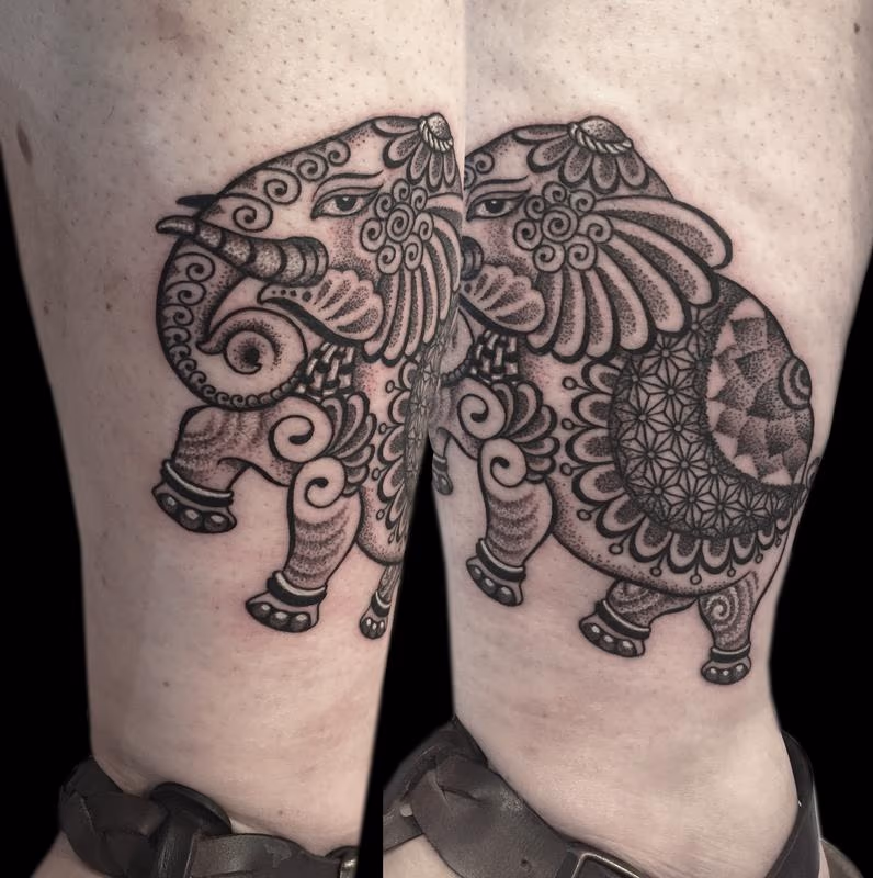 dotwork linework custom bongo style indian traditional elephant tattoo