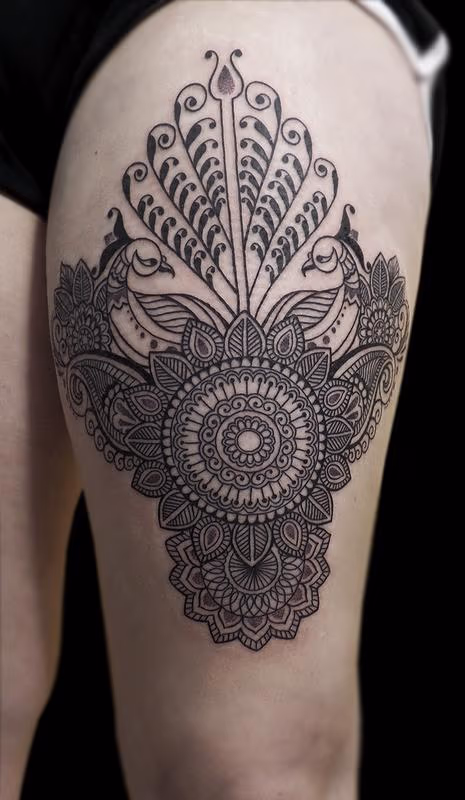 linework dotwork traditional indian style bongo style custom peacock mandala tattoo