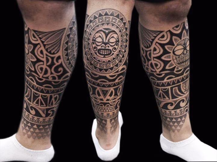 dotwork maori polynesian fusion leg sleeve tattoo