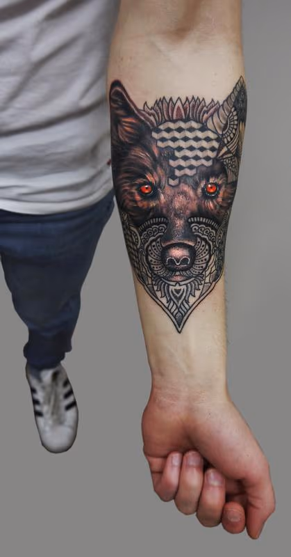 semi realistic semi geometric dotwork wolf tattoo