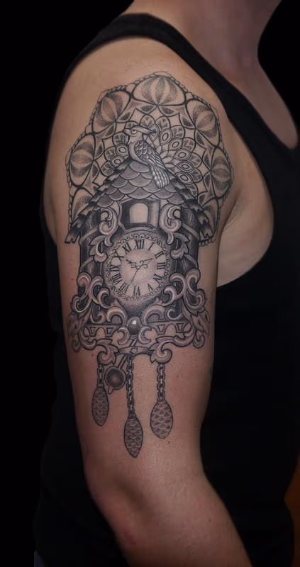 black and grey dotwork mandala black forest cuckoo clock