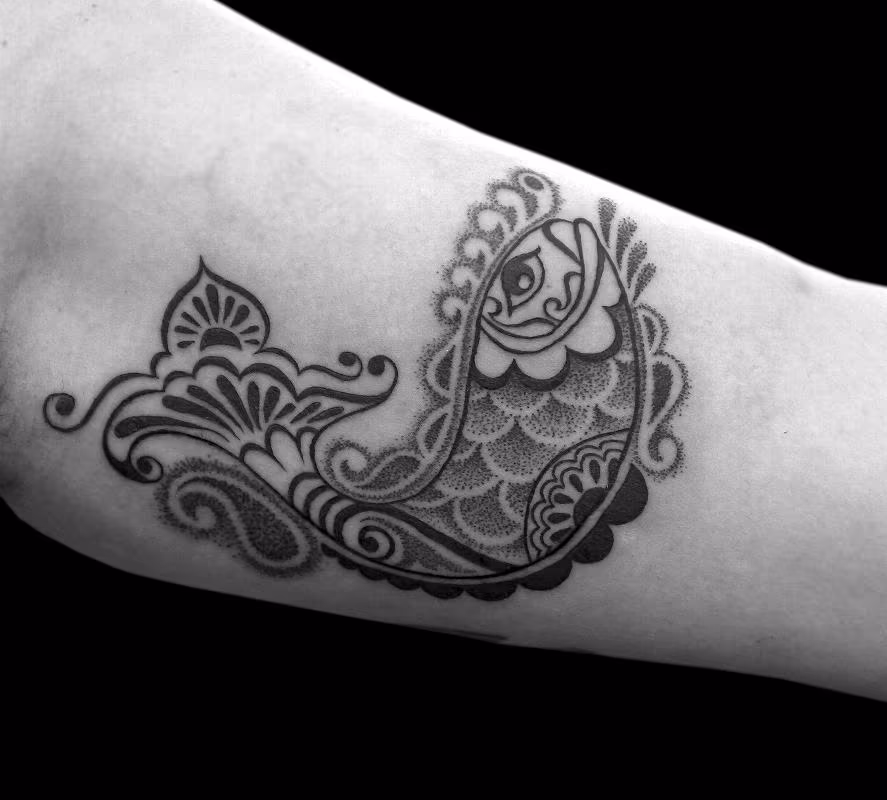 BONGO STYLE FISH TATTOO [ PERSONALIZED STYLE COMBINING ELEMENTS OF BENGALI /INDIAN FOLK ART] in dotwork and linework