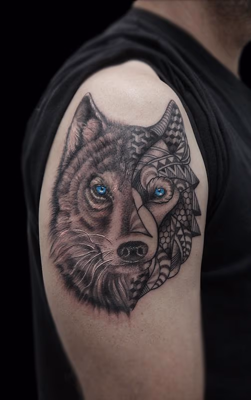 linework dotwork semi realistic black and grey abstract wolf tattoo