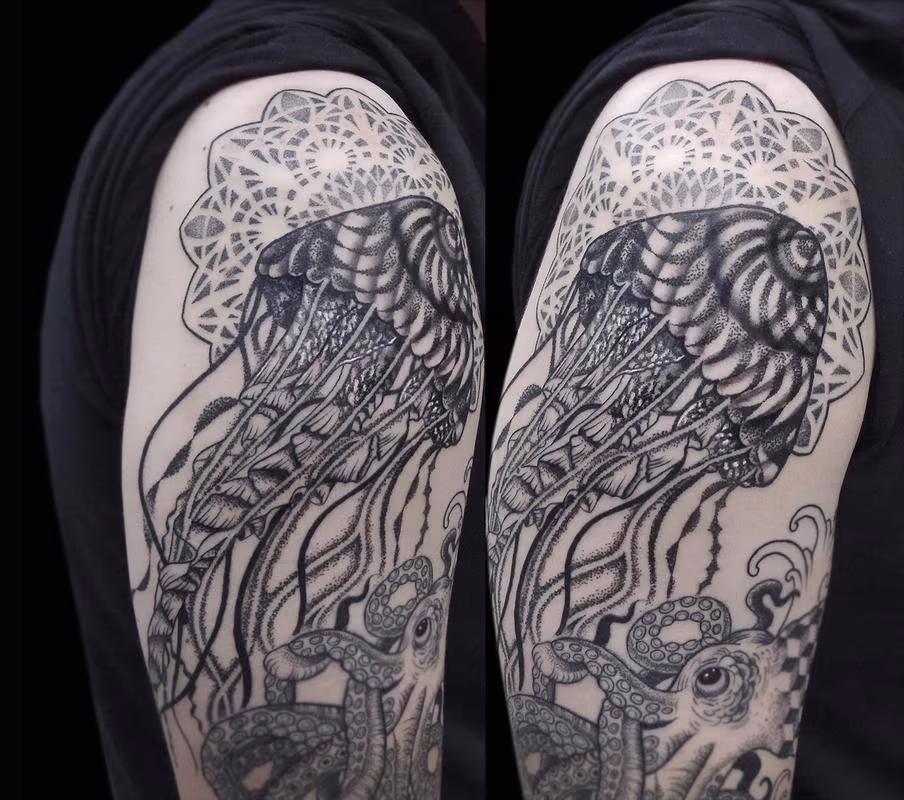 jellyfish in dotwork geometrical realistic oriental underwater half sleeve in progress