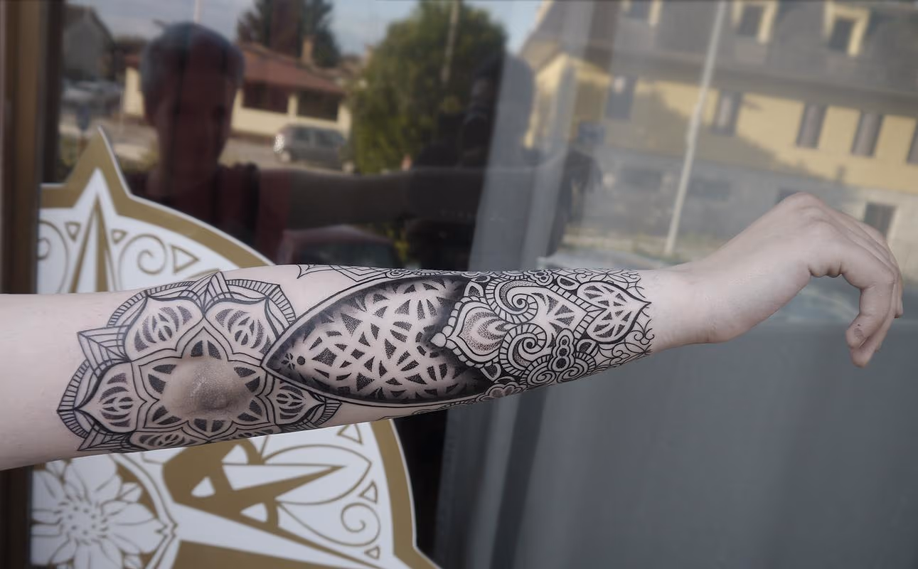dotwork linework mandala tattoo done on the 2nd day at Off the Map, Cervignano del Fruili , Italy