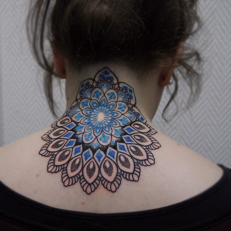 neck shoulder dotwork linework mandala in color
