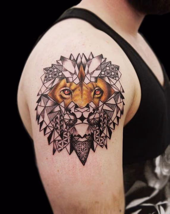 linework dotwork geometric realistic lion tattoo