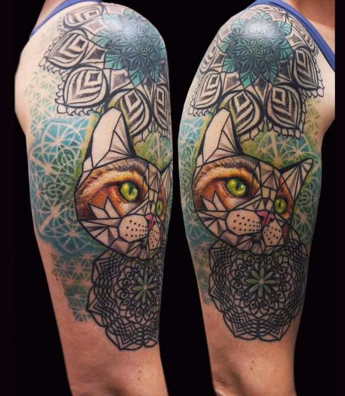 geometric cat mandala tattoo