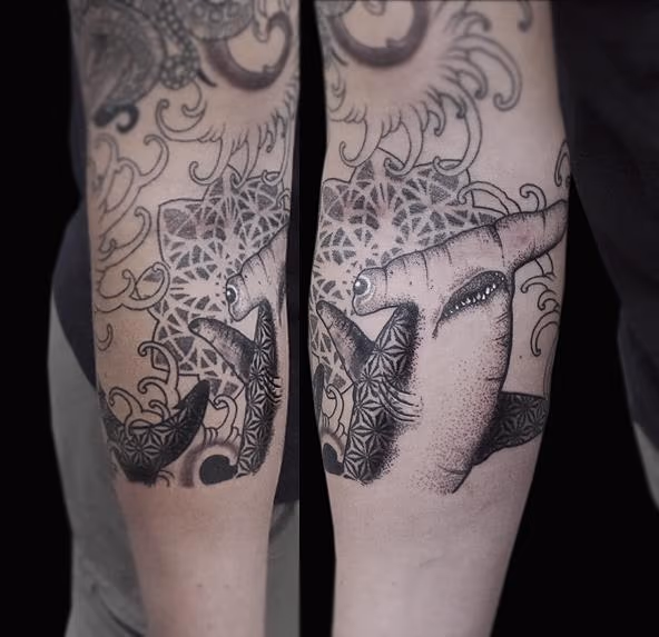 dotwork linework geometric hammerhead shark tattoo