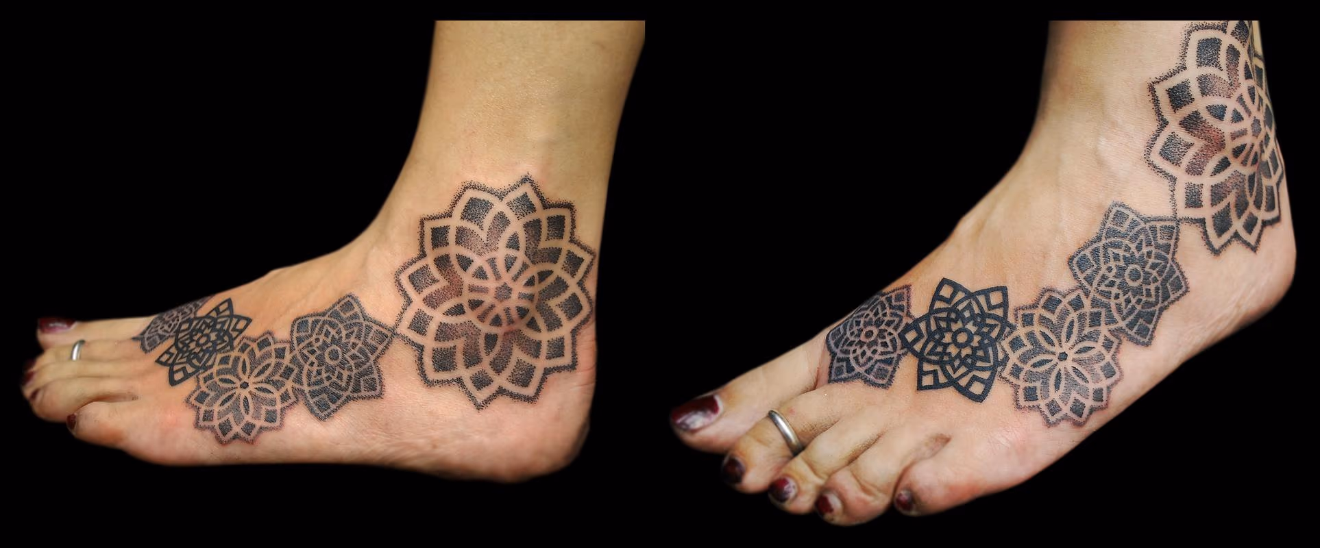 dotwork linework mandala foot tattoo
