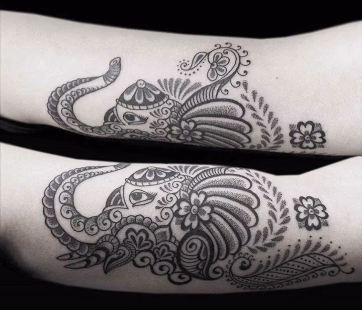 BONGO STYLE ELEPHANT - PERSONALIZED STYLE COMBINING ELEMENTS OF BENGALI/INDIAN FOLK ART RENDERED IN DOTWORK AND LINEWORK