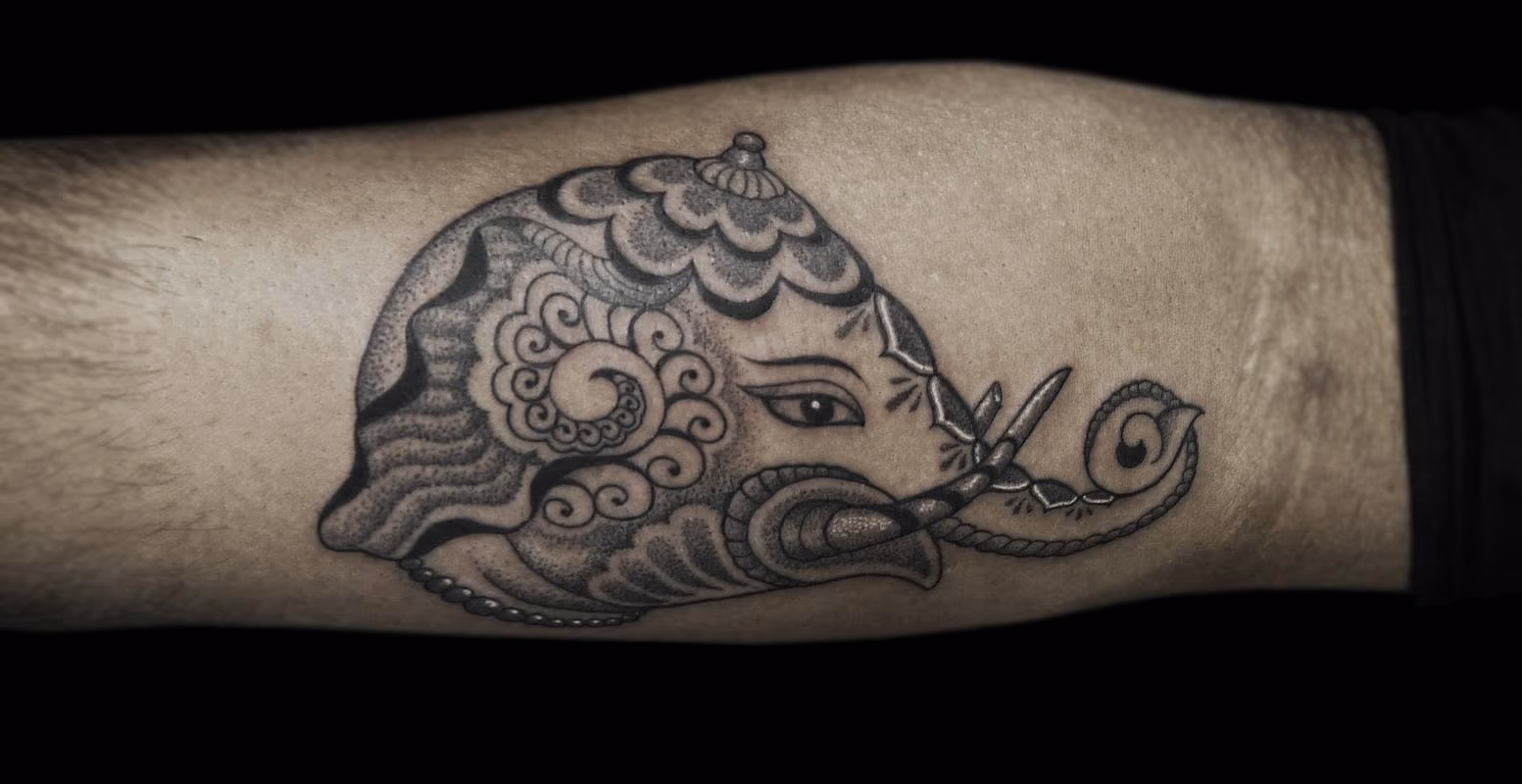 BONGO STYLE ELEPHANT NO.2 - PERSONALIZED STYLE COMBINING ELEMENTS OF BENGALI/INDIAN FOLK ART RENDERED IN DOTWORK AND LINEWORK