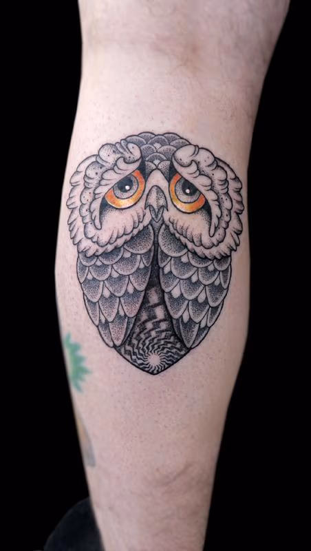 dotwork custom made sad owl tattoo
