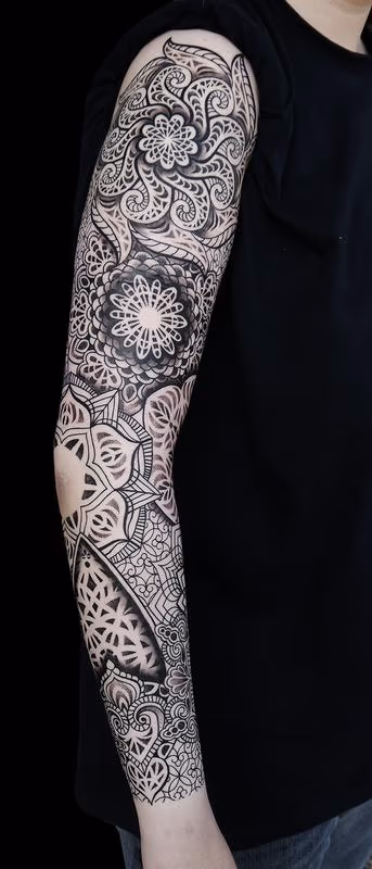 dotwork linework mandala full sleeve tattoo done in 5 consecutive sittings in about 30 hours at at Off the Map, Cervignano del Fruili , Italy
