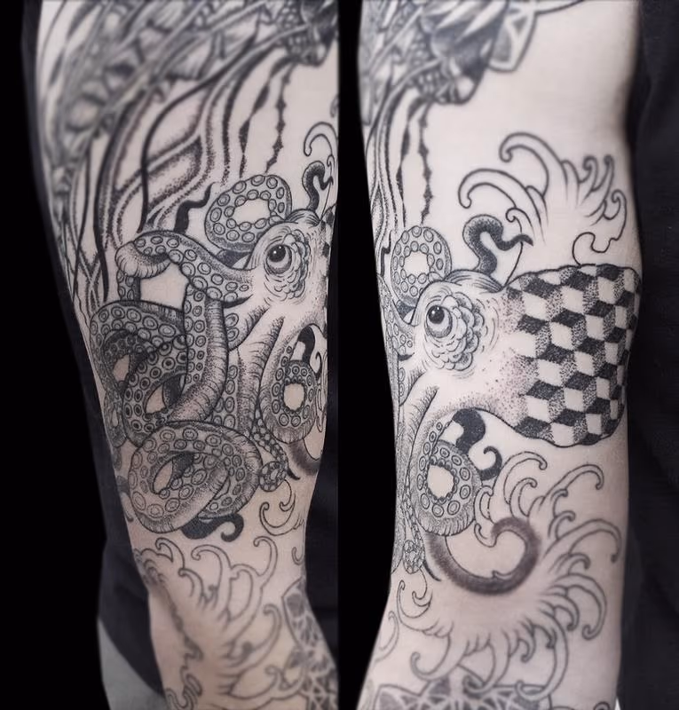 dotwork linework geometric octopus tattoo