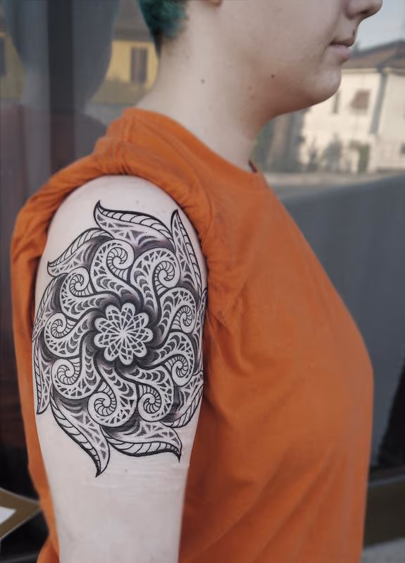 dotwork linework mandala tattoo done on the 3rd day at Off the Map, Cervignano del Fruili , Italy
