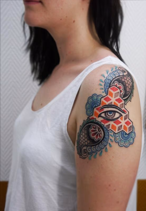 color dotwork linework bongo style paisley tattoo design with buddha eye