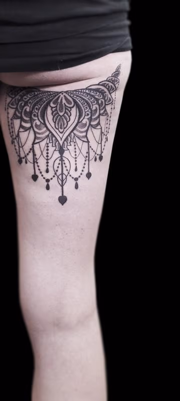dotwork linework black and grey geometrical ornamental feminine tattoo