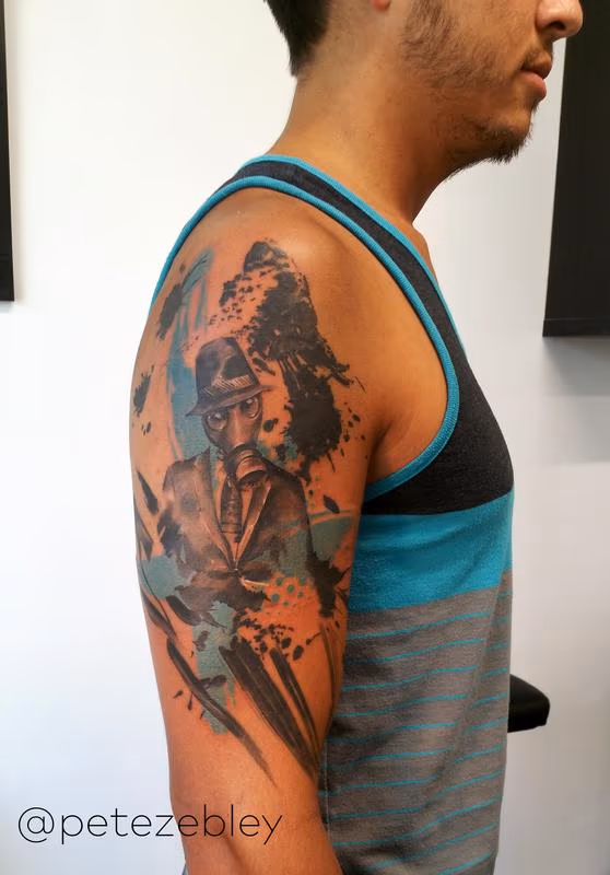 Graphic Man in Gas Mask Tattoo