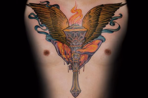Winged torch and hands