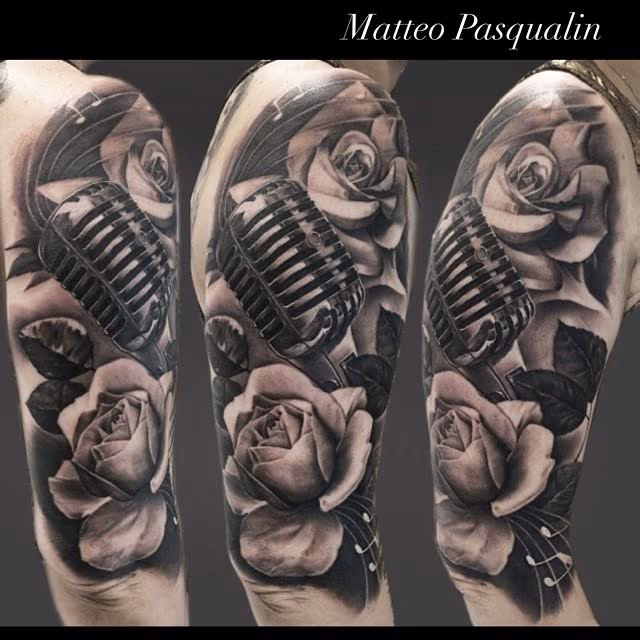 Roses and Microphone half sleeve tattoo
