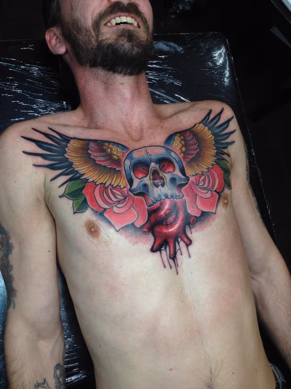 Skull Roses Wings Chest Piece