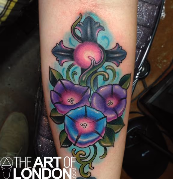 Morning Glories and Cross Tattoo