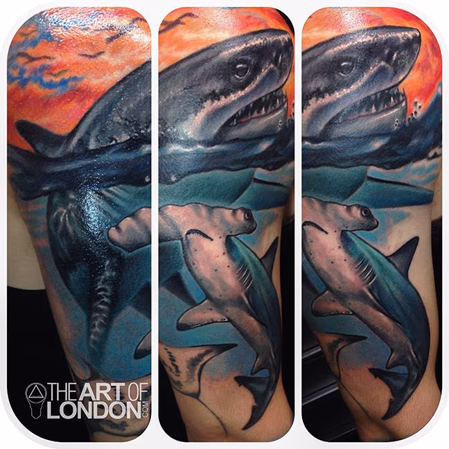 Realistic sharks Underwater Tattoo