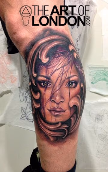 Girl and Filigree Color Portrait Tattoo