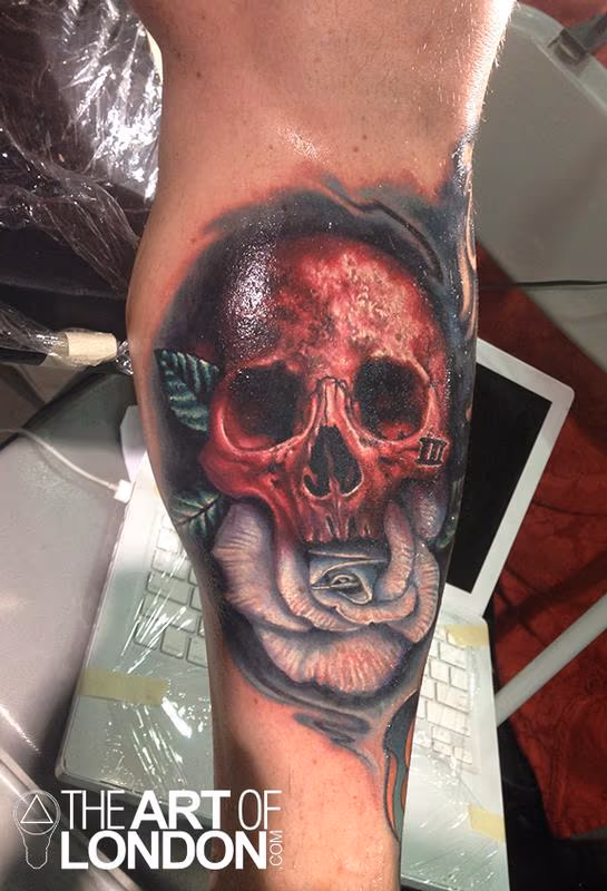 Red Skull and White Rose Color Realism Tattoo