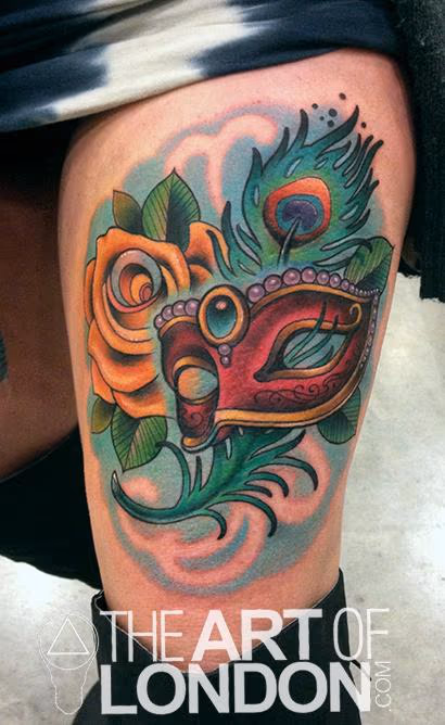 Venetian Mask Peacock Feather Rose Memorial Tattoo