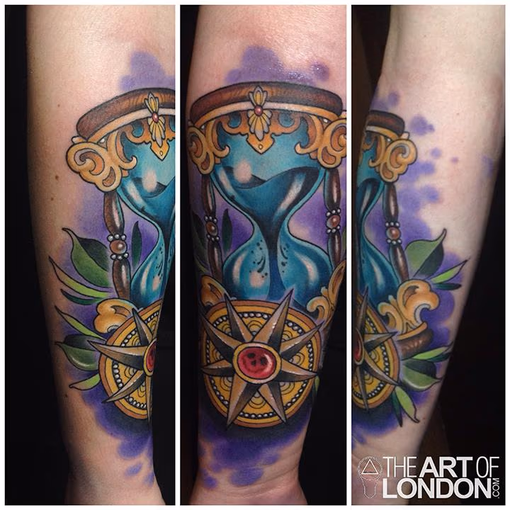New Traditional Hour Glass and Compass Tattoo