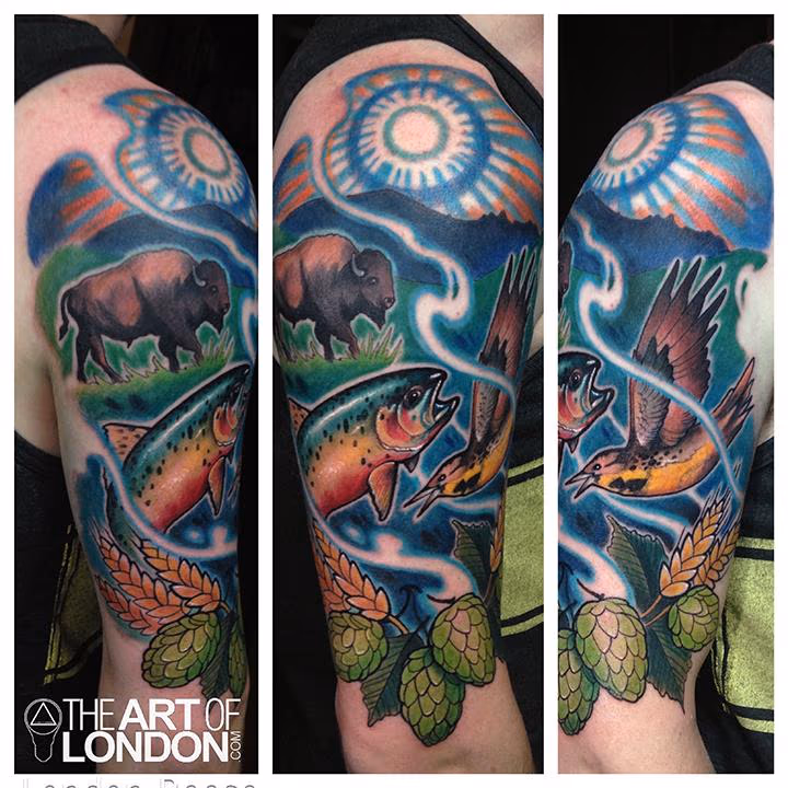 Montana Tributte buffalo trout hops barley bird color tattoo
