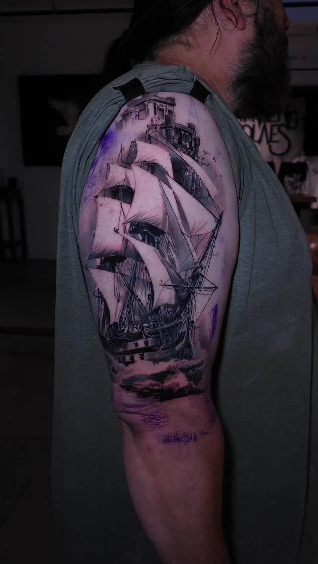 Nautical sailing ship sleeve tattoo, shoulder