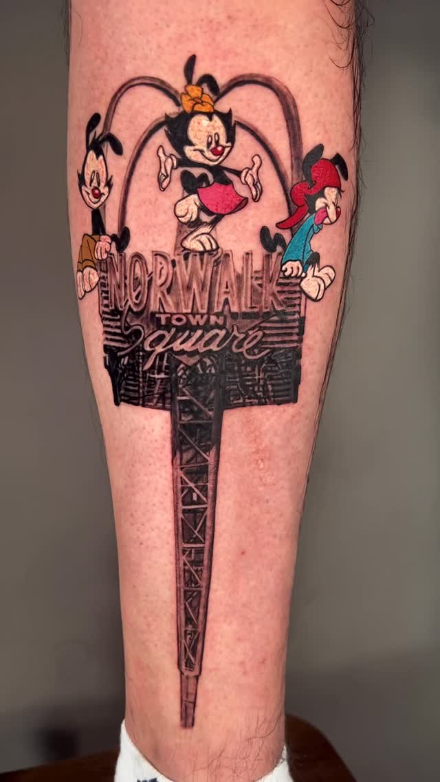 Animaniacs popsicle leg tattoo, color and black-and-grey