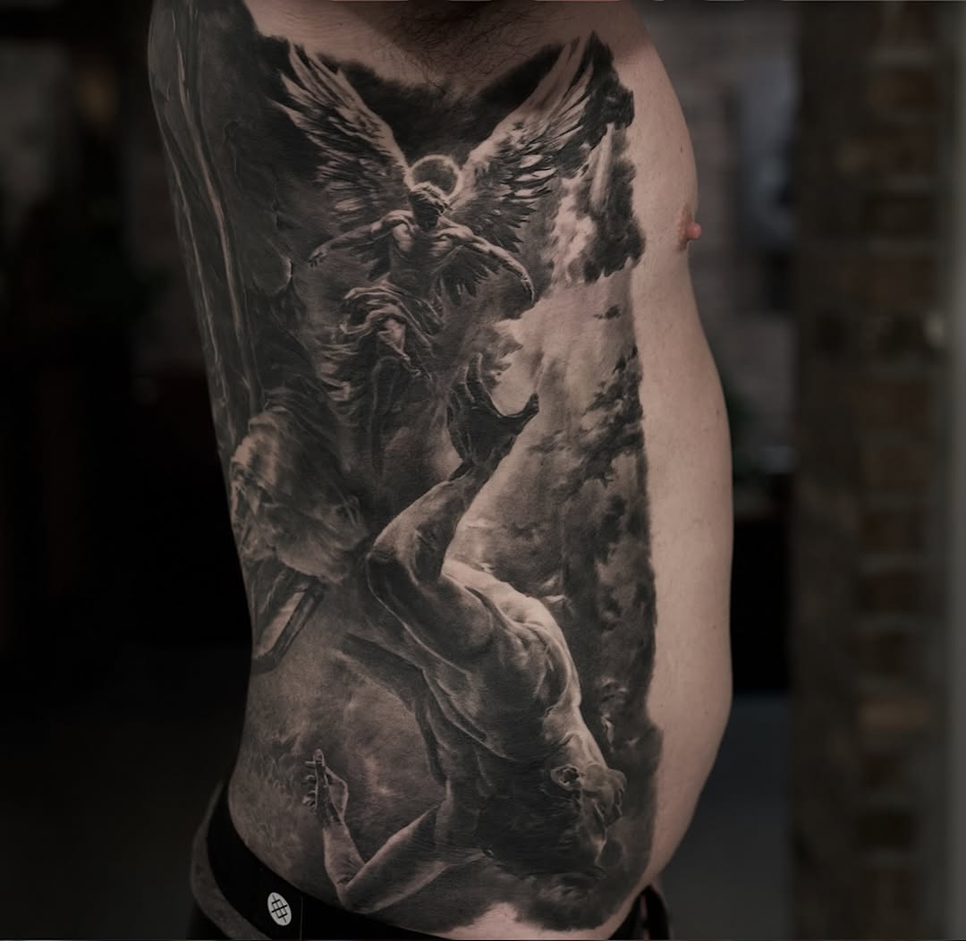 Fallen angel and realism figure side tattoo