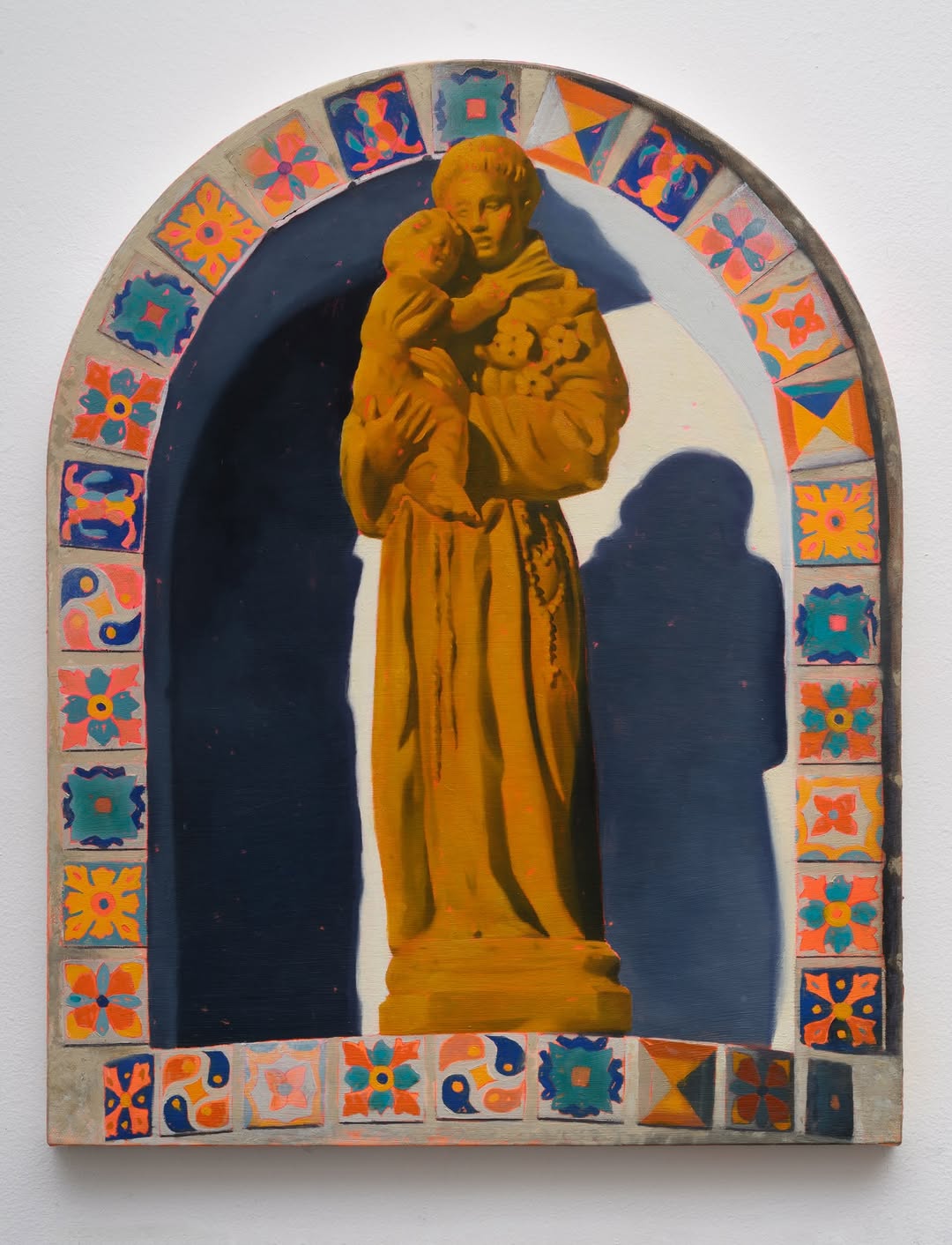 Religious figure oil painting with ornamental tile border