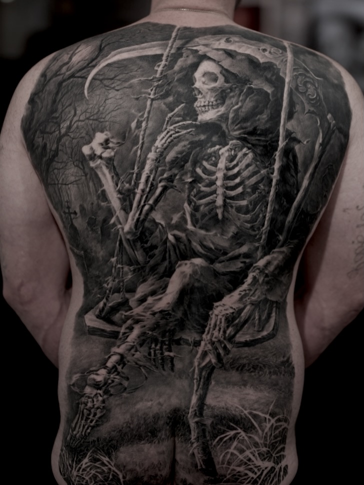 Grim Reaper skeleton back piece in black and grey