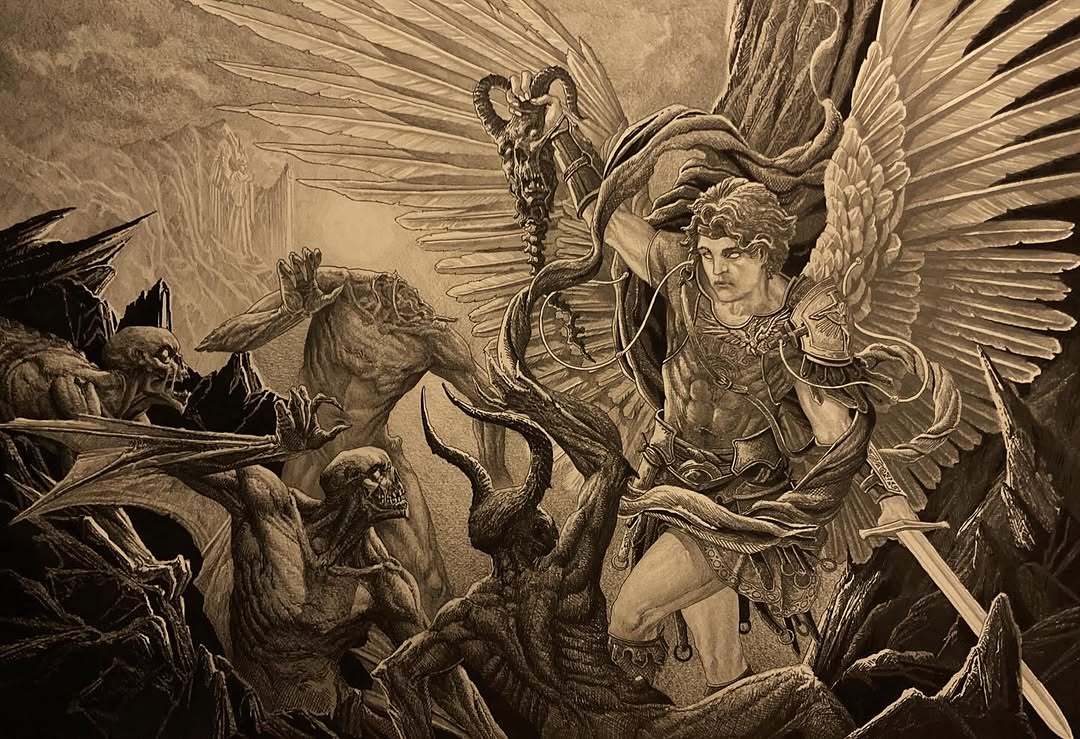 Saint Michael archangel drawing, religious fantasy art