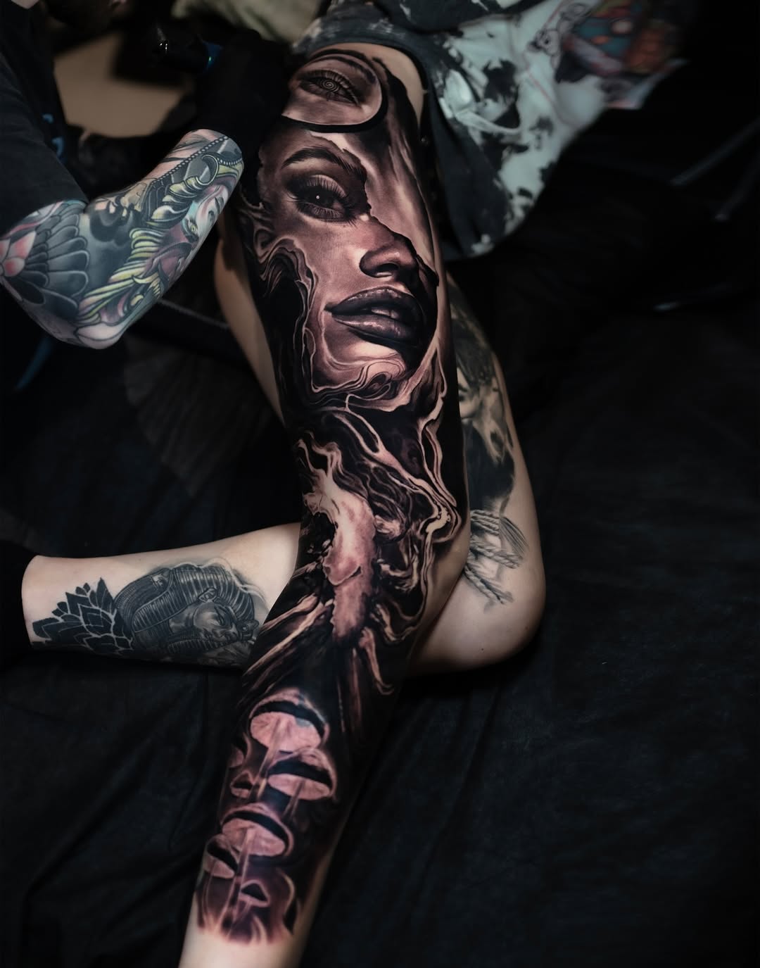 Surreal portrait leg sleeve with floral details