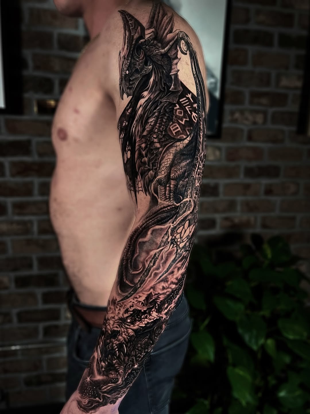 Black-and-grey dragon full sleeve