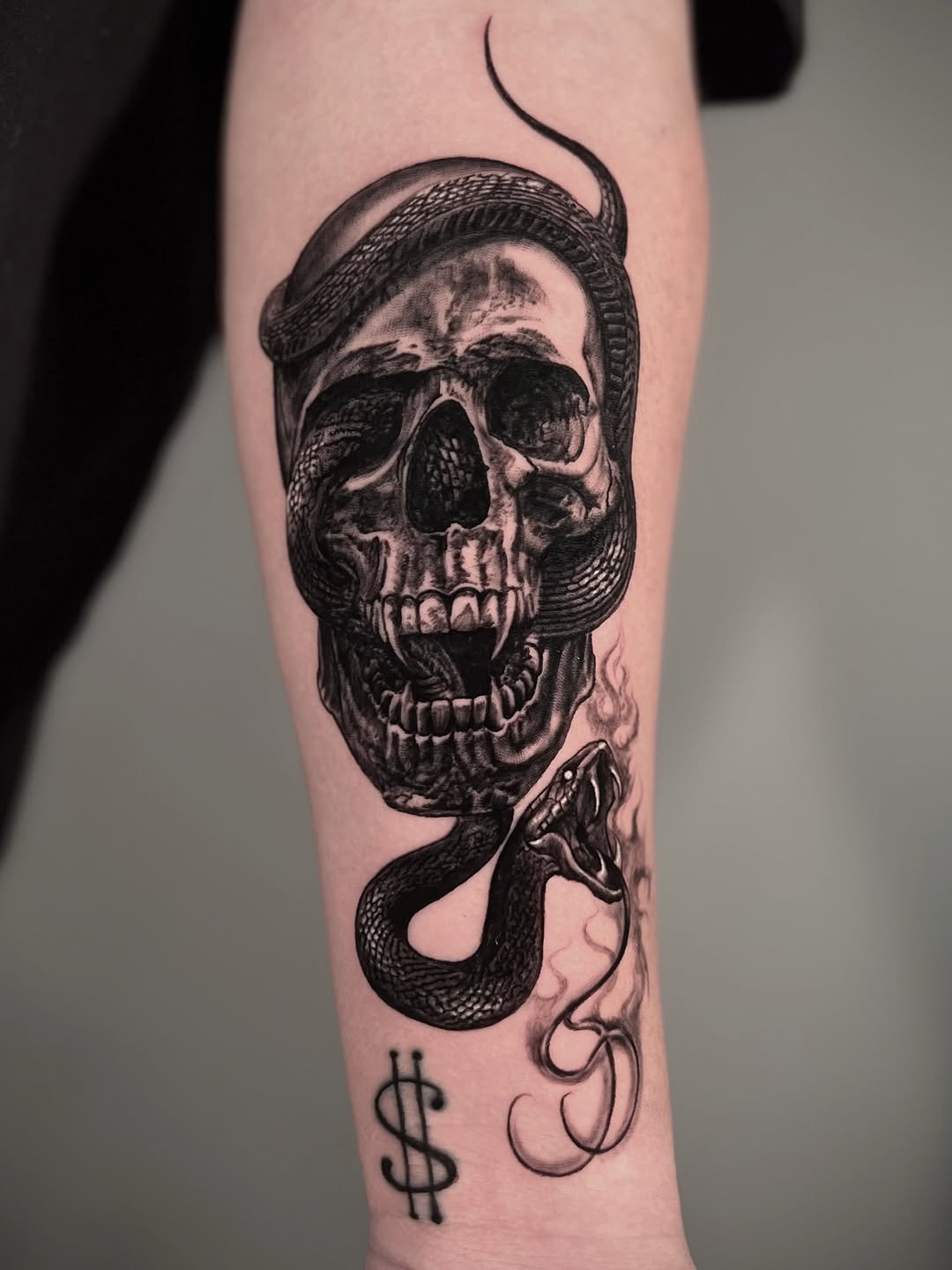 Skull and snake dark mark tattoo, forearm