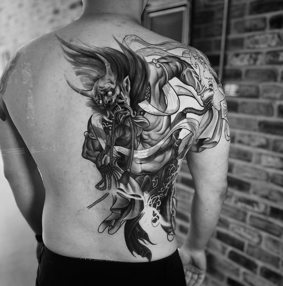 Fujin god of wind backpiece, black-and-grey