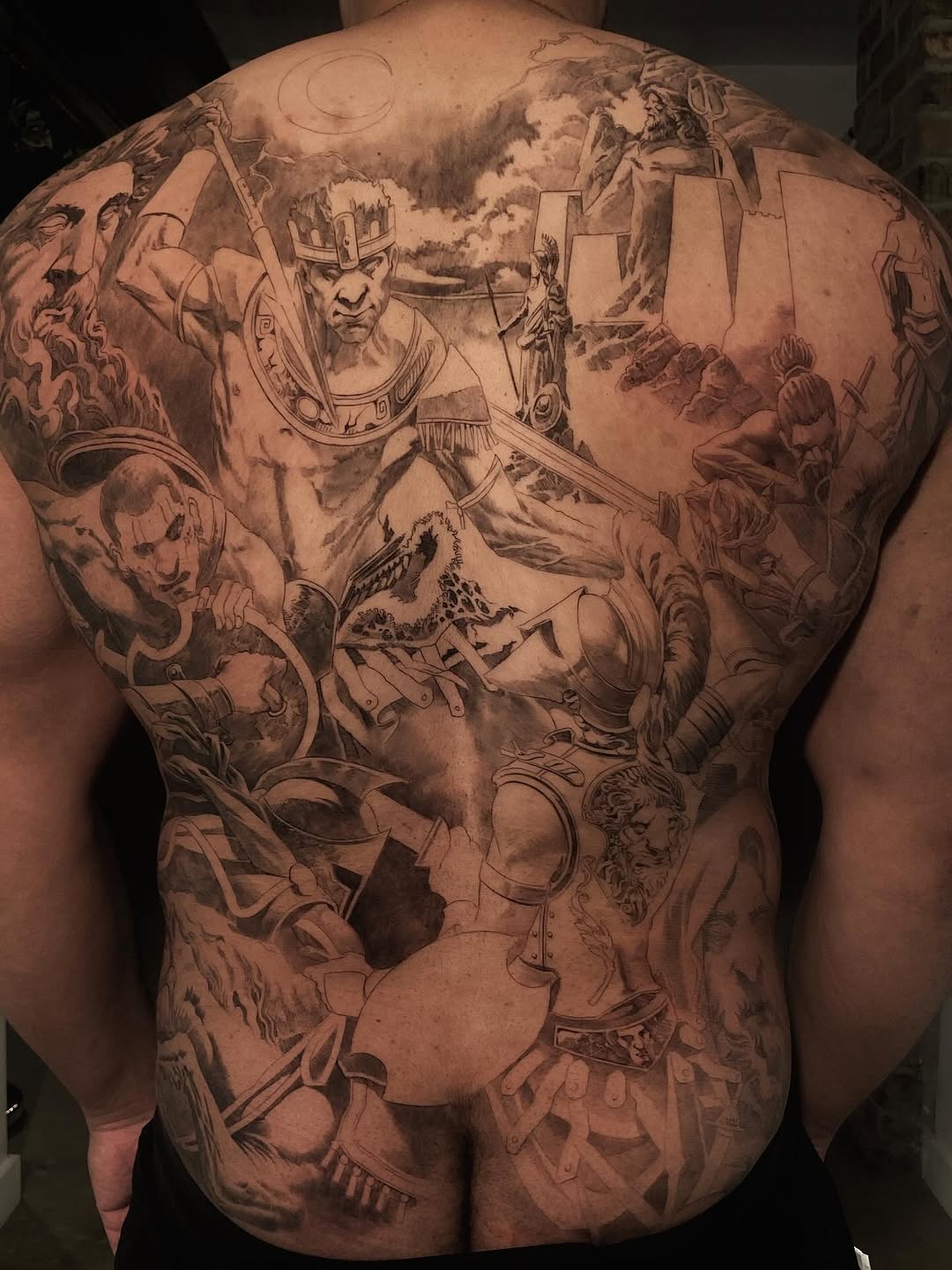 Memnon and Achilles mythological back piece in progress