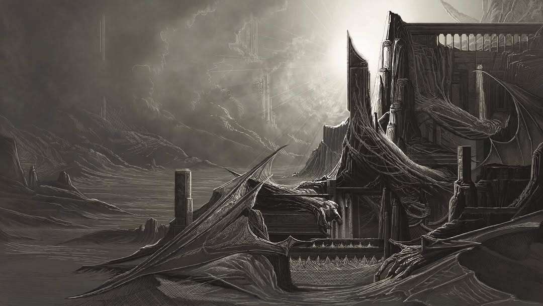 Aquarius zodiac temple illustration, architectural fantasy