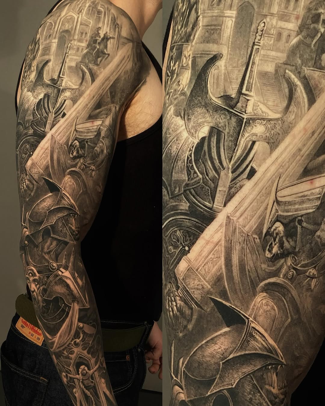 Elden Ring full-sleeve tattoo, black and grey realism