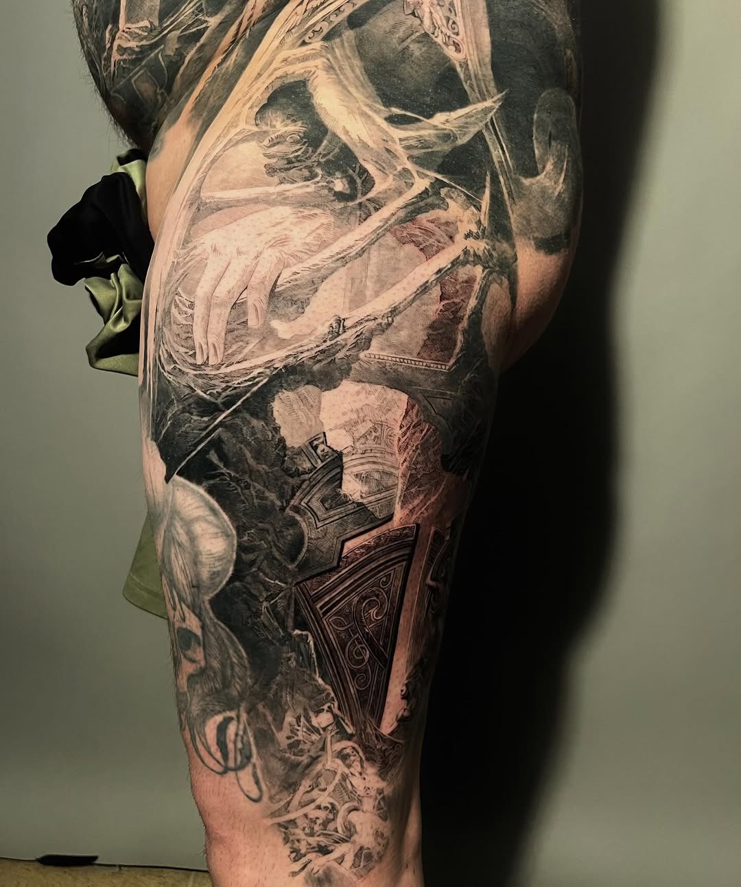 Fantasy dragon leg sleeve in black and grey
