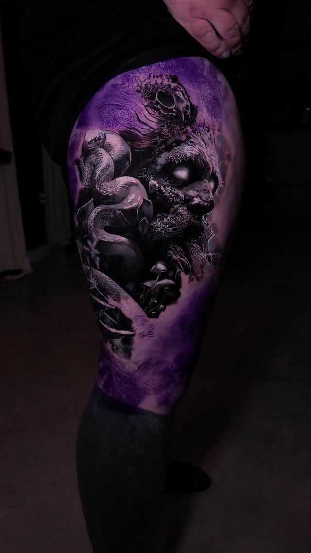 Black-and-grey green man forest portrait thigh