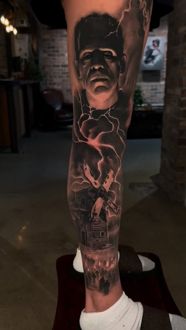 Frankenstein portrait leg sleeve with lightning